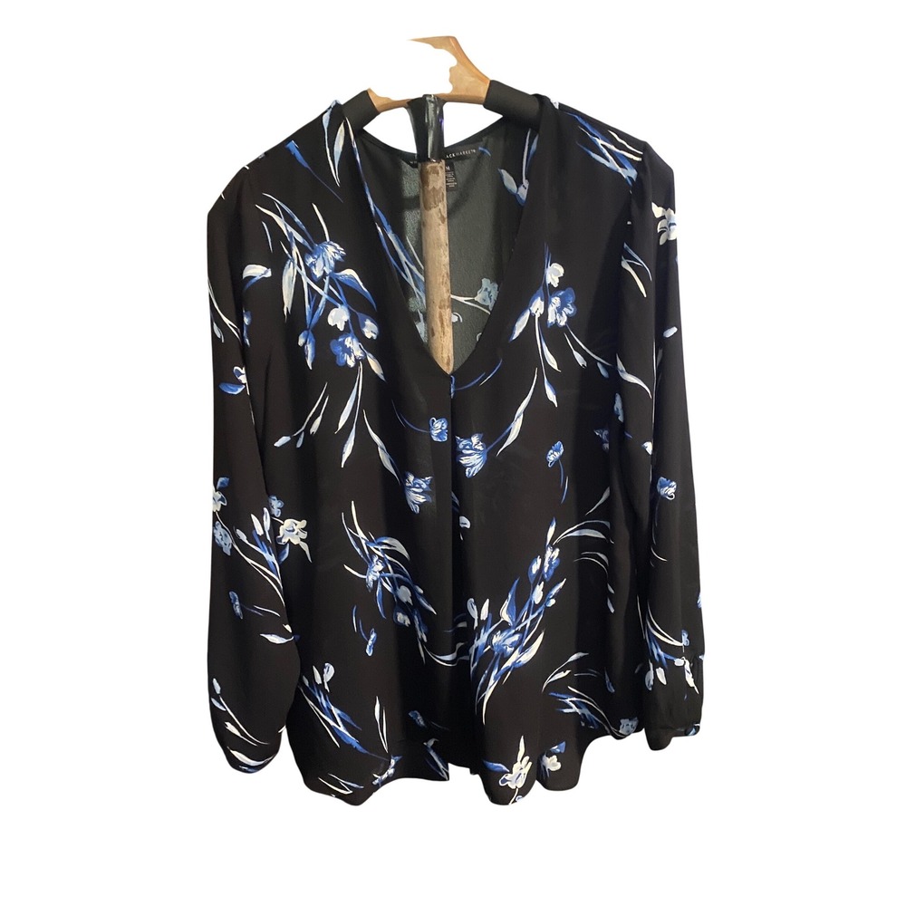 White House Black Market Womens Floral V-Neck Long Sleeve Blouse Black Blue M